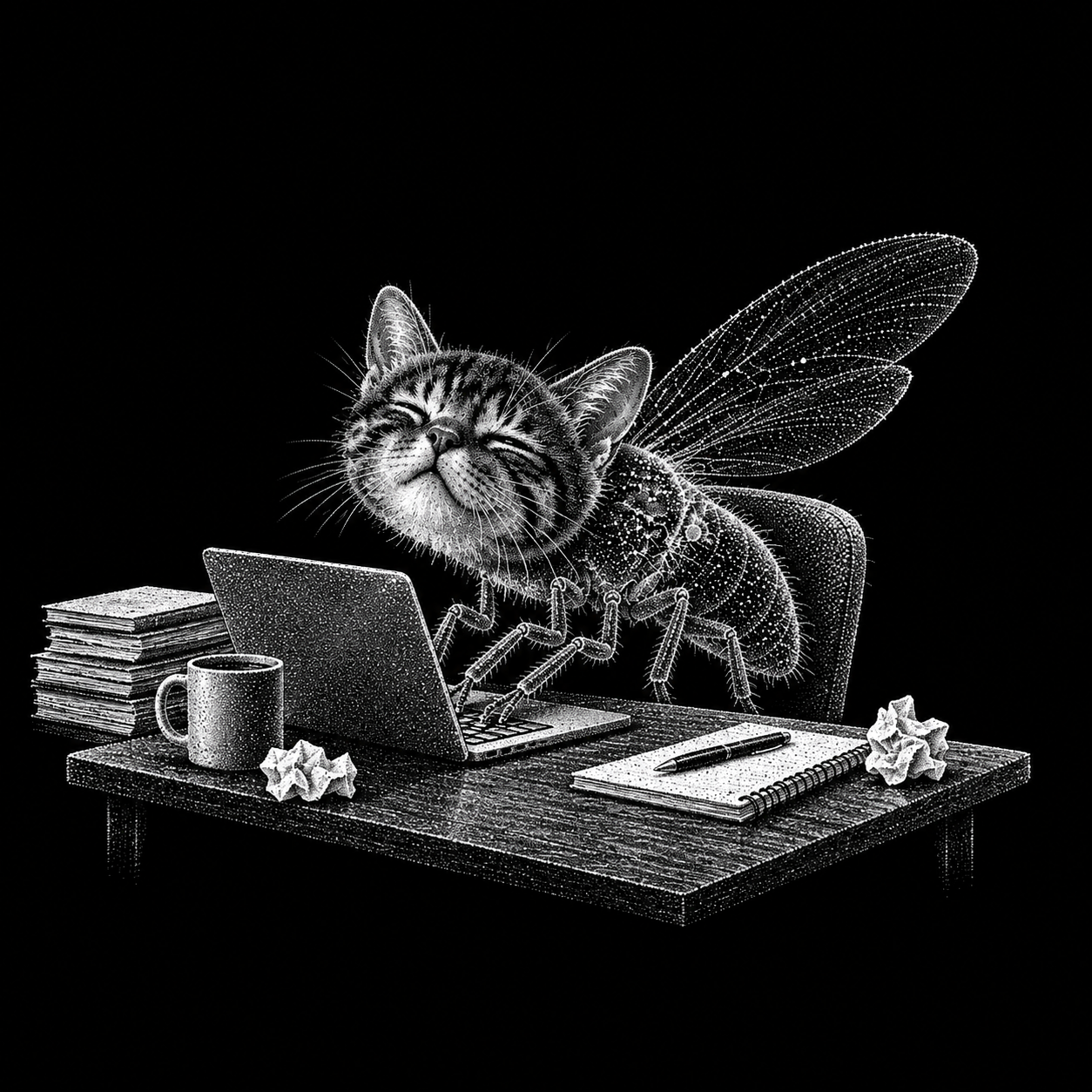 Observed at the desk. Six legs, one laptop, zero commits.